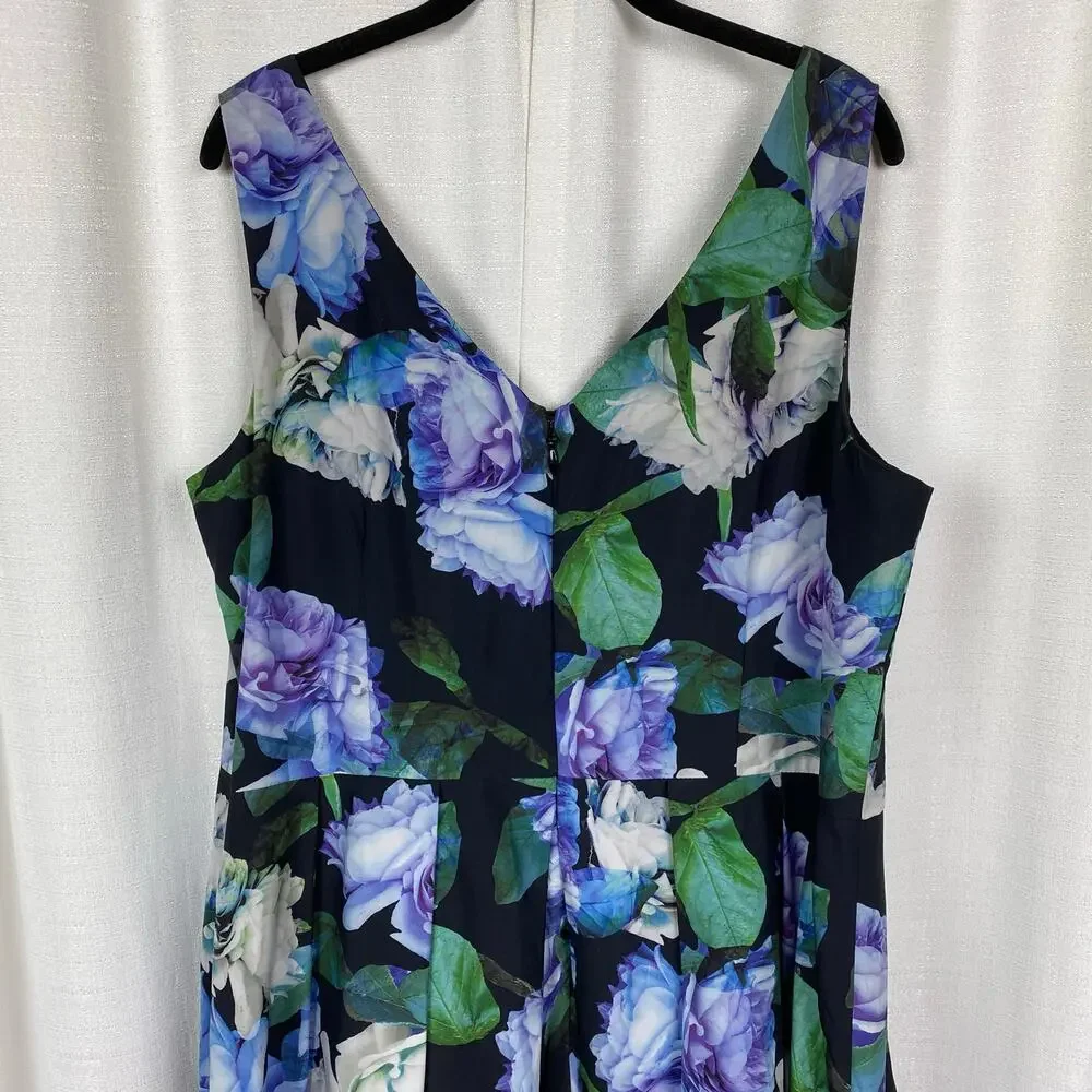 City Chic Black&Purple Floral Sateen Fit&Flare Midi Dress Sz.L/20W - Picture 7 of 13